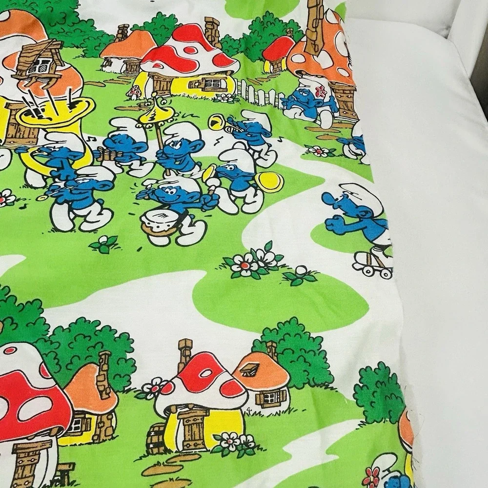 Vintage Smurfs Baby Blanket Quilt Project Unfinished Edges 48x42 Handmade 80s